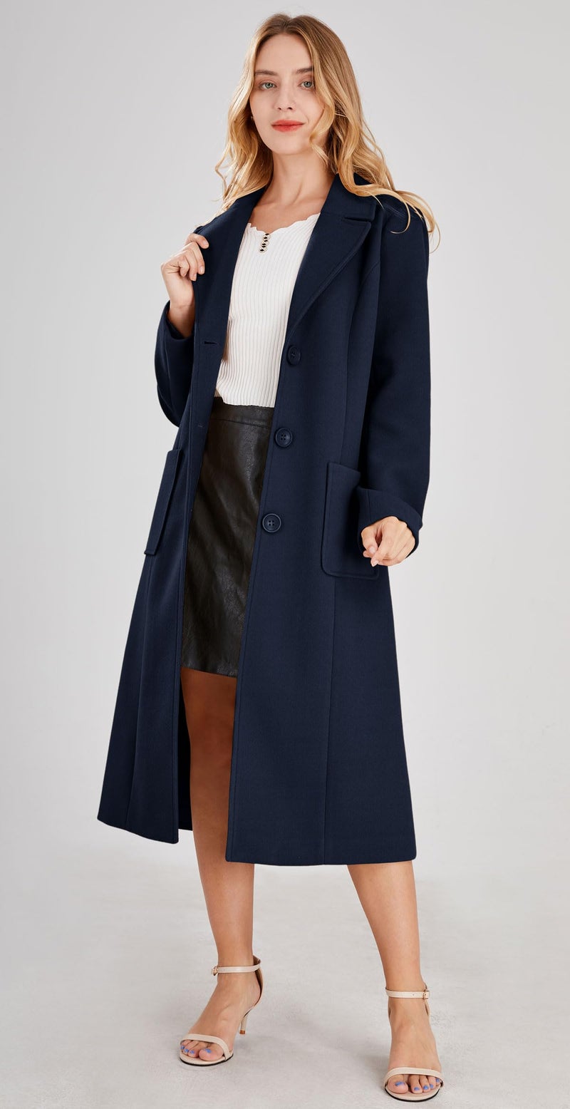 chouyatou Women's Big Notch Lapel Single Breasted Mid-Long Wool Blend Coat (Medium, Navy Blue) - Image 2